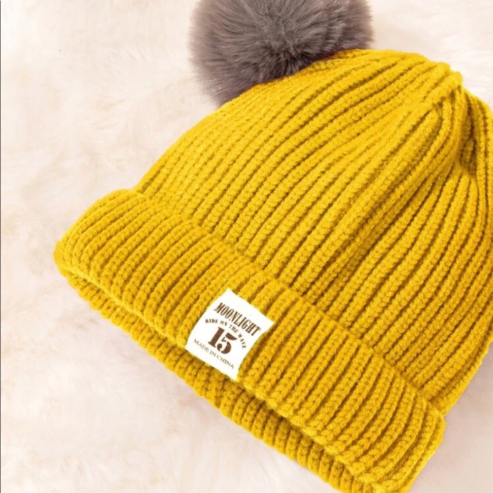 Yellow Toddler Double Pom Pom Beanie - Picture 4 of 4